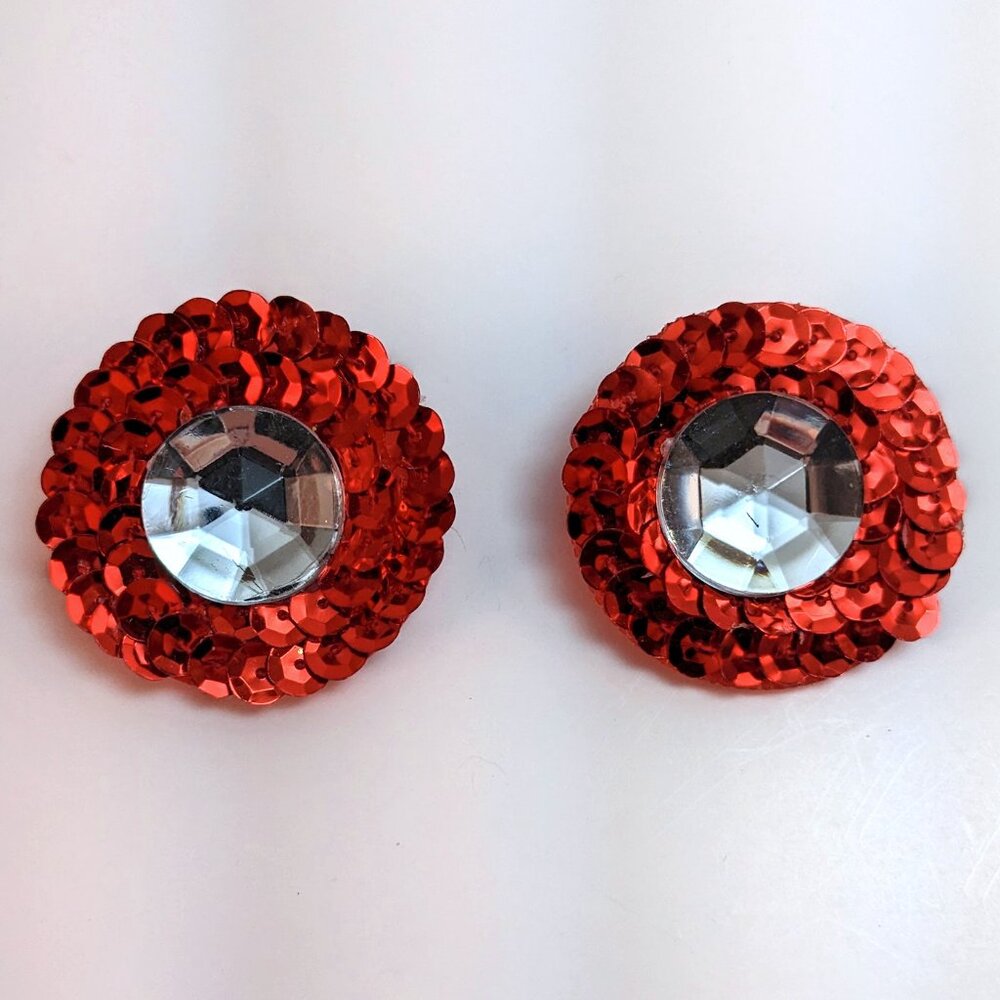 Handmade Red Sequin Rhinestone Retro Big Button Earrings Funky Glam Statement
